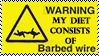 a yellow stamp that says 'warning: my diet consists of barbed wire'